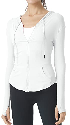 SEAUR Damen Sportjacke Dünn Leicht Laufjacke mit Kapuze Joggen Yoga Jacke Weiß Daumenlöcher Sweatjacke Voll Zip Trainingsjacke - M von SEAUR