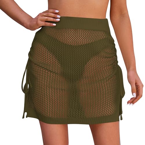 SEAUR Damen Strandrock Gehäkelt Kurz Sarong Pareo Strand Wickelrock Kordelzug Wrap Mini Bikini Cover Up Fischnetz Häkelrock - XL von SEAUR