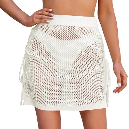 SEAUR Damen Strandrock Gehäkelt Kurz Sarong Pareo Strand Wickelrock Kordelzug Wrap Mini Bikini Cover Up Fischnetz Häkelrock - XL von SEAUR