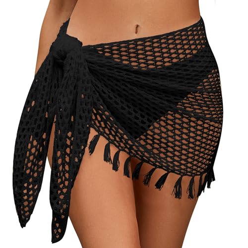 SEAUR Damen Strandrock Gehäkelt Kurz Sarong Pareo Strand Wickelrock Quaste Wrap Mini Bikini Cover Up Fischnetz Häkelrock - XL von SEAUR