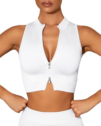 SEAUR Damen Tank Top Sport Kurz Eng Oberteil Ärmellos Reißverschluss Crop Top Nahtlos Gerippt für Gym Fitness Workout M von SEAUR