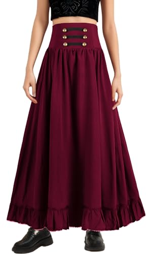 SEAUR Damen Viktorianisch Gothic Steampunk Midirock Hohe Taille Halblanger Rock Lockerer Swing Maxirock für Party Rot S von SEAUR