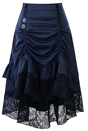 SEAUR Damen Vintage Lolita Rock Hohe Taille A-Linien Spitze Viktorianischer Maxirock mit Kordelzug Rüschen Steampunk Rock - L von SEAUR