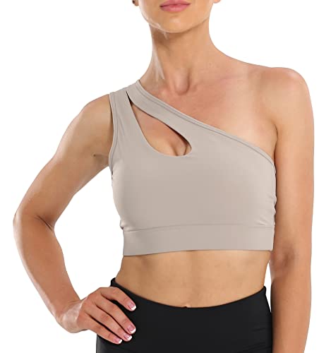 SEAUR Damen Yoga BH Gepolstert Große Brüste Starker Halt Sport Bustier Beige Ein Schulter Yoga BH ohne Bügel Sports Bra Top Fitness Joggen Training - M von SEAUR