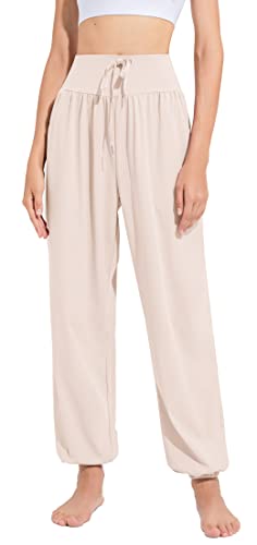 SEAUR Damen Yogahose Haremshose Lang Weites Bein Freizeithose Weich Atmungsaktiv Jogginghose Sporthose für Yoga Pilates Laufen - Beige - S von SEAUR