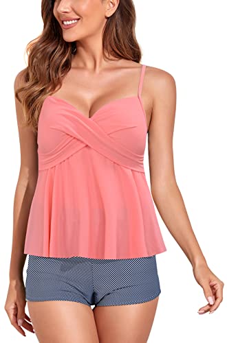 SEAUR Damen Zweiteiliger Badeanzug Bauchweg Tankini mit Badeshorts Druck Muster Bademode Push Up Tankini Set mit Shorts - M von SEAUR