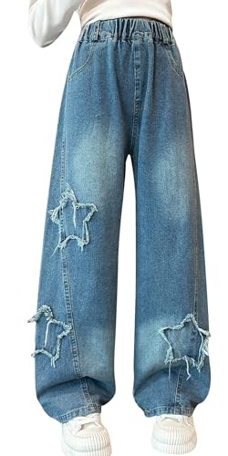 SEAUR Denim Hosen Baggy Hip Hop Jeans Kinder Y2K Streetwear Jeans Hellblau Baggy Jeans Mädchen Jeans mit Geradem Bein 7-8 J von SEAUR