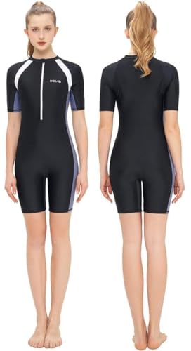 SEAUR Einteiler Badeanzug Damen Rash Guard Kurzarm UPF 50+ Schwimmanzug Slim Fit Sonnenschutz Reißverschluss Bademode - L von SEAUR