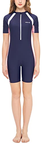 SEAUR Einteiler Badeanzug Damen Rash Guard Kurzarm UPF 50+ Schwimmanzug Slim Fit Sonnenschutz Reißverschluss Bademode - L von SEAUR