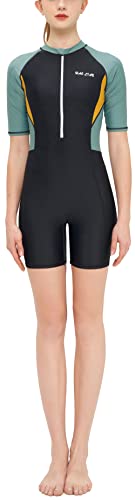 SEAUR Einteiler Badeanzug Damen Rash Guard Kurzarm UPF 50+ Schwimmanzug Slim Fit Sonnenschutz Reißverschluss Bademode - L von SEAUR