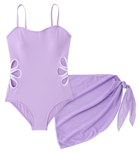SEAUR Einteiliger Badeanzug Mädchen mit Mesh Rock Schwimmanzug Blumen Cut Out Bademode Set Kinder Badebekleidung - 9-10 Jahre von SEAUR