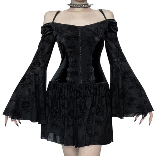 SEAUR Elegante Kleider Damen Gothic Kleidung Bodycon Schnürkleid Samtkleid Spitzenkleid Vintage Steampunk Rock für Halloween Karneval Dunkelschwarz L von SEAUR