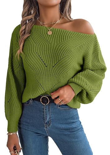 SEAUR Elegante Pullover Damen Herbst Strickpullover Damen Baggy Drop Shoulder Pullover Damen Langarm Pullover Kurzer Pullover Grün von SEAUR