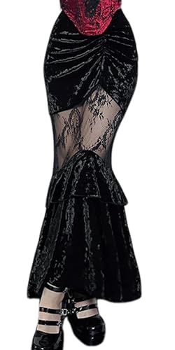 SEAUR Fischschwanz Rock Damen Lang Gothic Spitze Patchwork Maxirock Schwarz Samt Röcke Punk Goth Rock Party Club Wear Steampunk - M von SEAUR