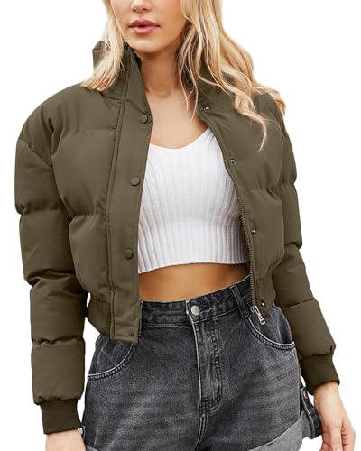 Frauen Daunen Kurze Jacke Stehkragen Langarm Reißverschluss Winter Puffy Mantel Mode Warm Steppung Baggy Jacken von SEAUR