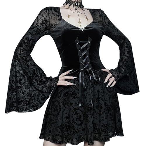 SEAUR Gothic Kleid Damen Sexy Retro Spitze Kleid Samt Punk Partykleid Bodycon Minikleid Schnürkleid Karneval Party Club Wear - S von SEAUR