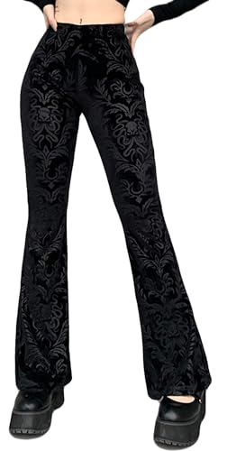 SEAUR Gothic Punk Hose Damen Spitze Blumen Vintage Schlaghose Schwarz Samthose Y2K Freizeithose Grunge Party Club Wear - M von SEAUR