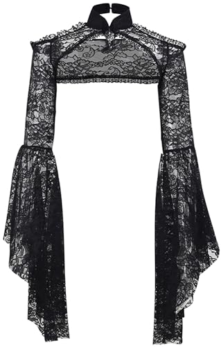 SEAUR Gothic Schrug Top Damen Spitze Bolero Schwarz Langarm Jäckchen Vintage Punk Cardigan für Party Club Karneval Halloween - S von SEAUR