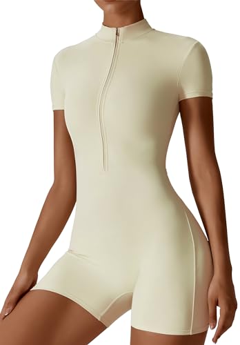 SEAUR Gym Jumpsuit Damen Bodycon Einteiler Sportanzug 1/2 Zip Sport Strampler Yoga Overall Weich Stretch Bodysuit Kurz Eng für Fitness Jogging - L von SEAUR