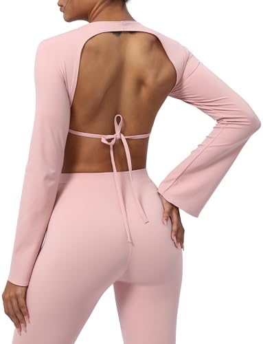 SEAUR Gym Top Damen Rückenfrei Langarm Oberteil Gepolstert Sport Yoga Langarmshirt Bauchfrei Crop Top Ausgestellte Ärmel Rundhals Sportshirt Weich - M von SEAUR