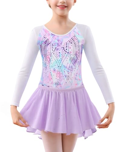 SEAUR Gymnastikanzug Mädchen Turnanzug Langarm Gymnastik Trikot mit Rock und Haarband Kinder Leotard Set Glitzer Mehrfarbig - 7-8 Jahre von SEAUR