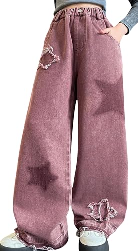 SEAUR Herbst Jeans Kinder Gerade Jeans Lange Hose Mädchen Jeans Plus Size Jeans Wide Leg Mädchen Baggy Jeans Y2K Dunkelrosa 11-12 J von SEAUR
