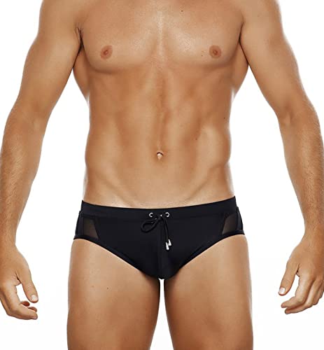 SEAUR Herren Badeslip Schwarz Eng Schwimmhose Kurz Badehose für Männer Sommer Swimming Swim Briefs Schnell Trocknend mit Abnehmbar Pad für Strand Pool Surf - L von SEAUR