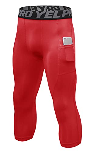 SEAUR Herren Kompressionshose 3/4 Sport Leggings Rot Schnell Trocknend Funktionsunterhose Basketball Joggen Fitness Yoga Atmungsaktiv Eng Laufhosen für Männer 6 Farben S - XXL von SEAUR