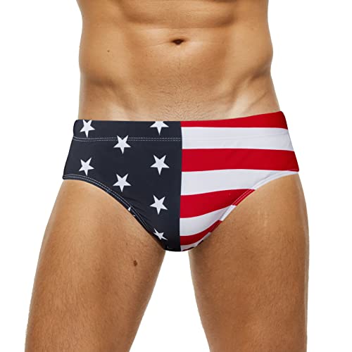 SEAUR - Herren Slip Badehose Kurz Eng Badeslips Jungen Schwimmhose Schnell Trocknend mit Abnehmbar Pad Wassersport Classic Swimming Swim Briefs Strand Schwimmbad USA Flagge von SEAUR