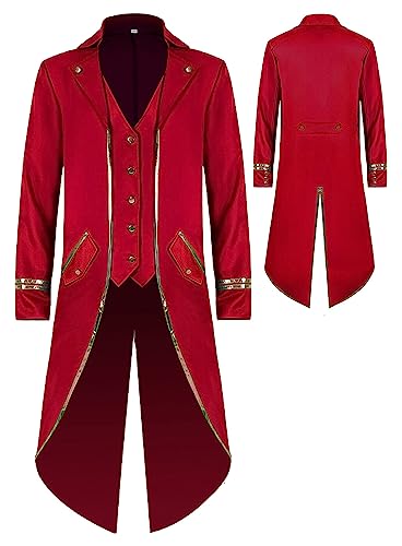 SEAUR Herren Viktorianischen Mantel Steampunk Gothic Frack Jacke Rot Mittelalter Gehrock Cosplay Smoking Halloween Karneval Fasching Kostüm - 3XL von SEAUR