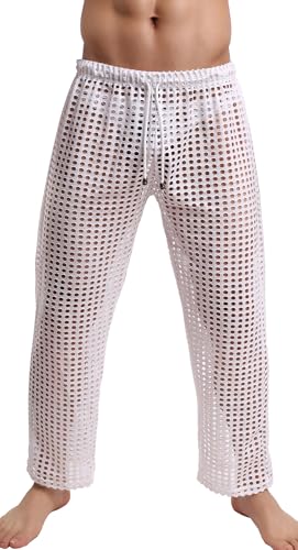 SEAUR Hose Transparent Netz Herren Sport Workout Tights Muskelleggings mit Kordelzug Trainingshosen für Sommerstrand Weiß M von SEAUR