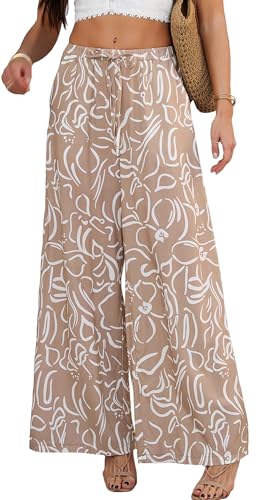 SEAUR Hosen Damen Wide Leg Sommerhose Hohe Taille Floral Weites Bein Lässig Strandhose Sommerhose für Lounge Strand Kaffee von SEAUR