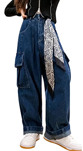 SEAUR Jeans Mädchen Hip Hop Cargo Hose Gummibund Multi Taschen Cargohose Lang Streetwear Tanz Freizeithose Freizeit - 140-134/140 - Dunkelblau von SEAUR