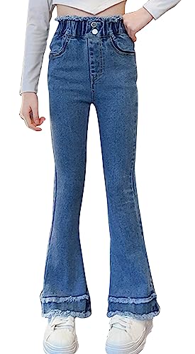 SEAUR Jeans Mädchen Schlaghose mit Schlitz Skinny High Waist Jeanshose Denim Stretch Glockenhose mit Gummibund - 160(140-150cm) von SEAUR