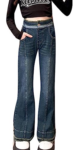 SEAUR Jeans Mädchen Schlaghose mit Schlitz Skinny High Waist Jeanshose Denim Stretch Glockenhose mit Gummibund - 160(140-150cm) von SEAUR
