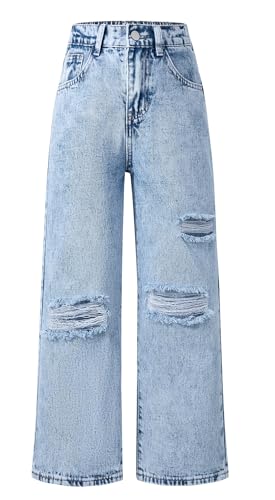 SEAUR Jeans Mädchen Weites Bein Zerrissene Jeanshosen mit Gummibund Y2K Denim Jean Hose - 150(EU 146-152) von SEAUR