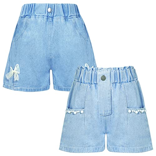 SEAUR Jeans Shorts Mädchen Sommer Atmungsaktiv Kurze Hose Locker Freizeit Shorts Kinder Süße Jeanshose Kurz Elastische Taille Casual Hotpants - 140/146 von SEAUR