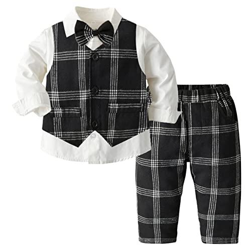 SEAUR Jungen Anzug 4-Teilig Kinder Gentleman Outfits mit Hemd Weste Hose Fliege Formelle Anzüge für Geburtstag Hochzeit Farbe 1 18-24 Monate (90cm) von SEAUR