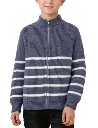 SEAUR Jungen Gestrickt Pullover mit Reißverschluss Kinder Strickpullover Herbst Winter Warm Langarm Jumper Gestreift Sweater 10-11 Jahre von SEAUR
