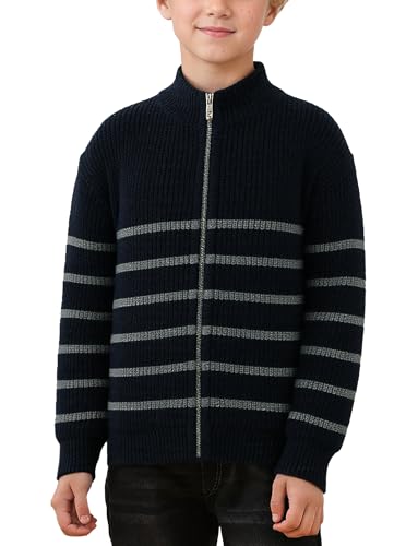 SEAUR Jungen Gestrickt Pullover mit Reißverschluss Kinder Strickpullover Herbst Winter Warm Langarm Jumper Gestreift Sweater 10-11 Jahre von SEAUR