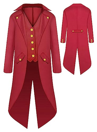 SEAUR Jungen Gothic Frack Jacke Rot Steampunk Mantel Mittelalter Cosplay Kostüm Kinder Halloween Karneval Fasching 145 von SEAUR