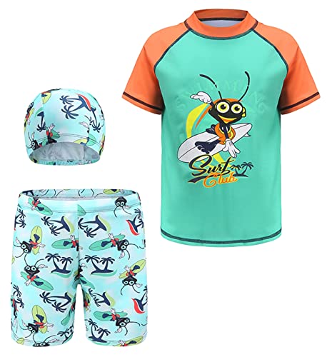 SEAUR Jungen Schwimmshirt Badehose UV Schutz Rash Guard mit Badekappe Kinder Badeset 3 Teilig Kurzarm Badeanzug - 6XL(152-164) von SEAUR