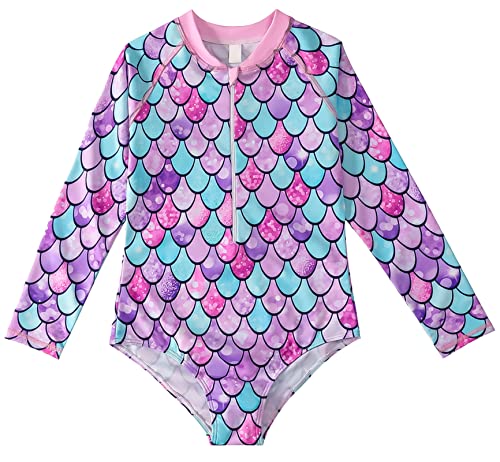 SEAUR Kinder Badeanzug Mädchen Langarm Einteiliger Rash Guard Meerjungfrau Schwimmanzug Reißverschluss Swimsuit Strand Bademode - 110 von SEAUR