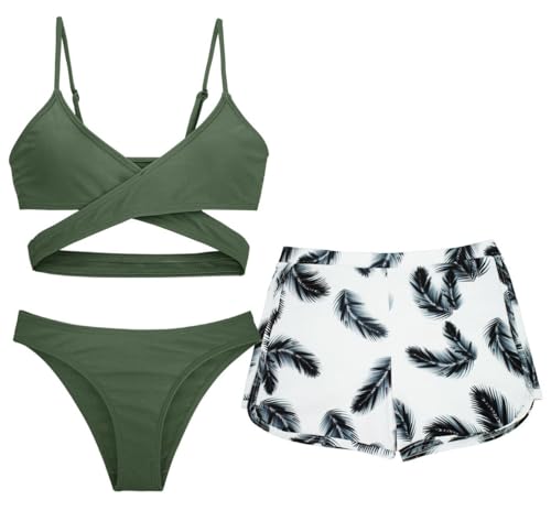 SEAUR Kinder Dreiteiliger Bademode Set Mädchen Rückenfrei Top Triangel Bikinihose Shorts Bademode Set für Baden Bohne Grün von SEAUR
