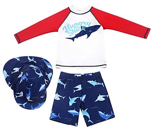 SEAUR Kinder Jungen Badehose Schwimmshirt Langarm UV Schutz Badeset mit Sonnenhut Rash Guard 3 Teilig Badeanzug - 140 von SEAUR