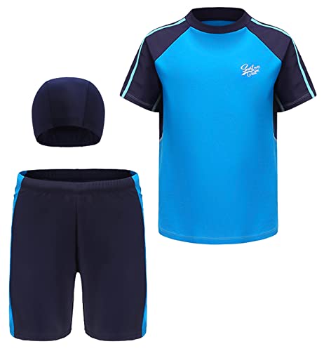 SEAUR Kinder Jungen Badehose Schwimmshirt UV Schutz Badeset mit Badekappe 3 Teilig Rash Guard Kurzarm Badeanzug - 4XL(134-140) von SEAUR