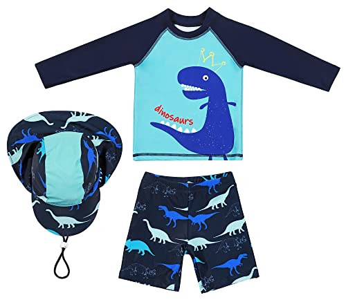 SEAUR Kinder Jungen Rash Guard Langarm Badeset mit Sonnenhut Schwimmshirt Badehose 3 Teilig UV Schutz Badeanzug - 120 von SEAUR