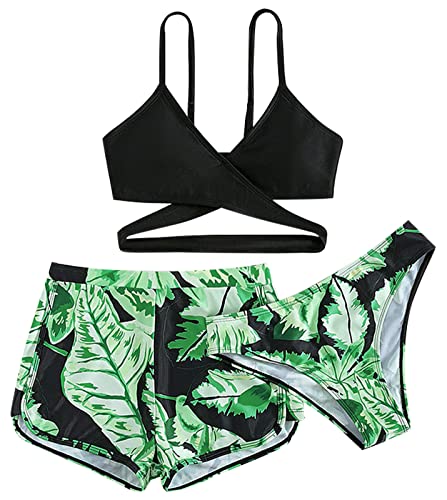 SEAUR Kinder Mädchen Bikini Set mit Shorts 3 Teilig Badeanzug Hawaii Grüne Blätter Schwimmanzug Sommer Strand Schwimmen Bademode Swimming Swimsuit - 8-9 Jahre von SEAUR