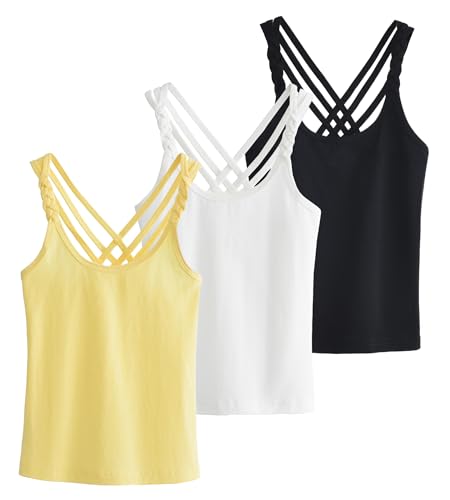 SEAUR Kinder Mädchen Cami Tank Top Criss Cross Back Camisoles Ärmelloses Unterhemden, 3er-Pack, Schwarz, Weiß, Gelb, 9-10 Jahre von SEAUR