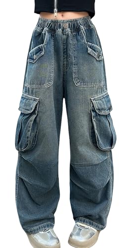 SEAUR Kinder Mädchen Jeans Cargo Hose Y2K Baggy Multi Taschen Cargohose Gummibund Jeanshose Hip Hop Hose Streetwear Freizeit - 150(140-146) von SEAUR